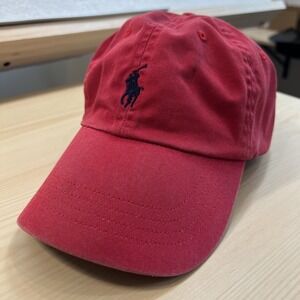 MENS RED POLO BASEBALL CAP WITH BLUE PONY. ADJUSTABLE ONE SIZE